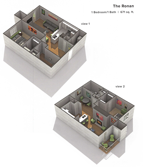 Floor plan for 1 bed, 1 bath, 671 sqft